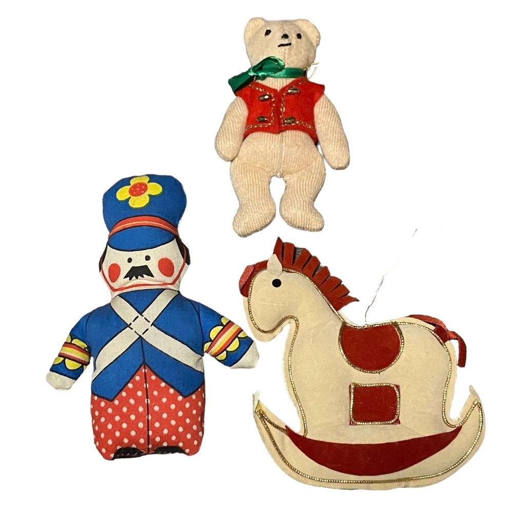 Vintage Handmade Fabric Christmas Ornaments Teddy Bear Rocking Horse Toy Soldier